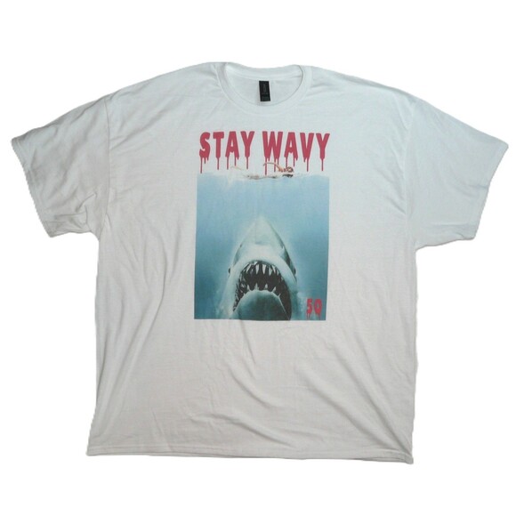 JAWS Stay Wavy 50th Anniversary 2XL White T Shirt Movie Great White Shark NEW - Picture 1 of 6